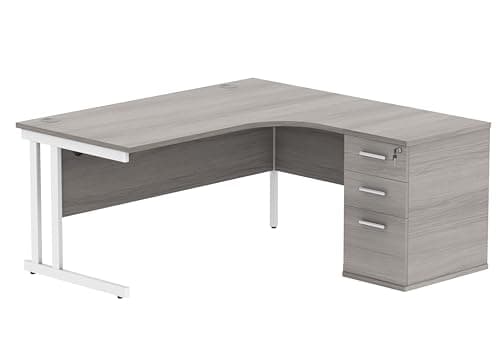 Image of Office Hippo Heavy Duty Right Corner Radial PC Office Desk With Storage, 3 Drawer A4 and Foolscap Filing Pedestal, Silver Frame, Alaskan Grey Oak Top, 160 x 160.4 x 73 cm