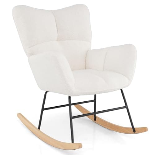 Image of RELAX4LIFE Nursing Rocking Chair, Teddy Fleece Fabric Relax Rocker Armchair with Solid Rubber Wood Base, Upholstered Tufted Wingback Accent Lounge Recliner for Living Room, Bedroom
