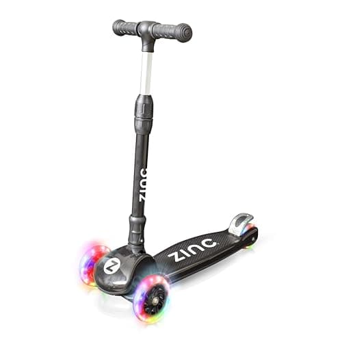 Image of Zinc T-Motion Kids Scooter for Ages 3+ – Three Wheeled Folding Boys & Girls Scooter with LED Light Up Wheels, Adjustable Handlebar, Lean & Steer Controls, Rear Brake, Black