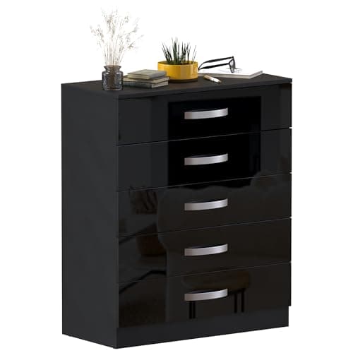 Image of Vida Designs Hulio High Gloss 5 Drawer Chest Of Drawers, Black, 90 x 75 x 36 c,