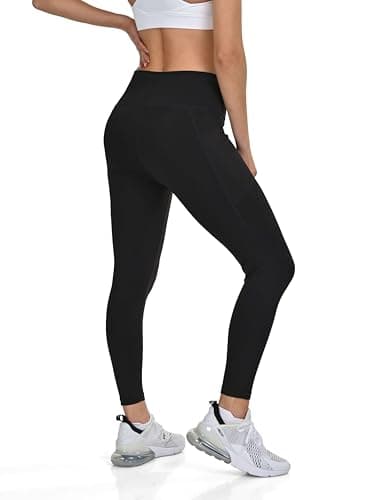 Image of TCA Women's High Waisted 7/8 Leggings– Tummy Control Buttery Soft Leggings with 2 Open Side Pockets for Running, Gym, and Yoga - Black Stealth, S