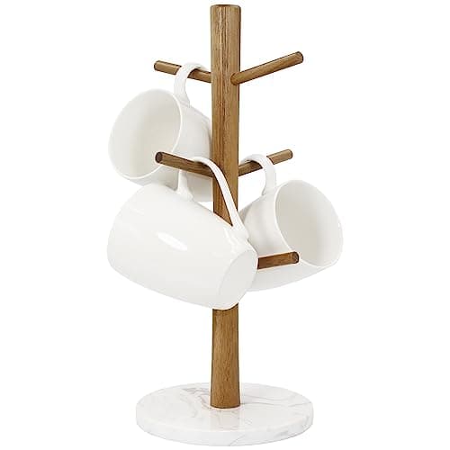 Image of Buruis Wood Mug Holder, Marble Base Cup Rack Tree, Mug Stand Hanger, Kitchen Coffee Mug Tree Countertop Tea Cups Holder Stand, Coffee Cup Dryer with 6 Hooks (Round Base White)