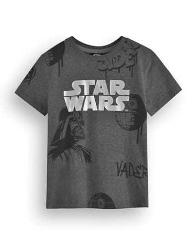 Image of Star Wars Boys T-Shirt | Kids Dark Grey Short Sleeve Graphic Tee | Classic Logo Darth Vader Death Star Dark Side Graffiti Style Apparel Top | Sci-fi Movie Film Character Merchandise Gift