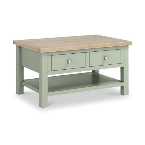 Image of RoselandFurniture Farro Sage Green Coffee Table for Living Room with Washed Oak Top | Contemporary Painted Solid Wooden Living Room Table with Storage Drawer & Shelf