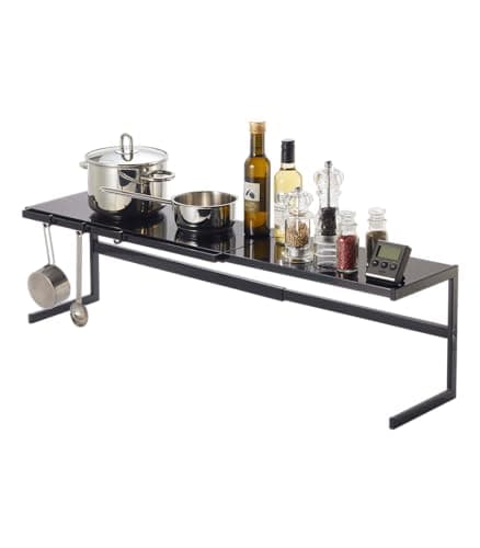 Image of YAMAZAKI 4481 TOWER Extendable Kitchen Rack, black, Steel, Minimalist, 54～92 x 22.5 x 25 cm