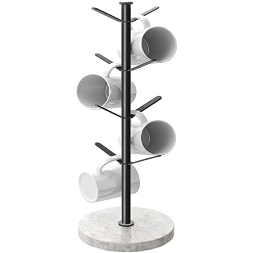 Image of Gypie Marble Mug Tree Stand, 8 Hooks Coffee Cup Holder Storage Rack, Weighted Marble Base Stable Mug Holders for Kitchen Counter Cabinet Cafe (Black)