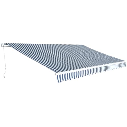 Image of vidaXL Manual-Operated 500 cm Folding Awning - UV, Water & Dirt Proof Canopy - with Aluminium Frame and Polyester Fabric - Blue and White