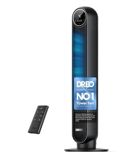Image of DREO 20dB Silent Tower Fan, 28 ft/s Velocity Electric Cooling Fan with Remote, 90° Oscillating 8 Speeds 4 Modes 8H Timer LED Display, 220-240V, Black