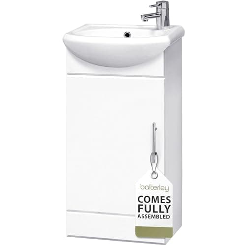 Image of Balterley Vanity Unit with Basin Floor Standing, Soft Close Single Door with Curve Sink and Handle, Bathroom Vanity Units with Basin, Bathroom Sink Storage Cabinet - 400 x 200 x 780mm (White)