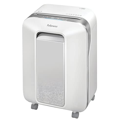 Image of Fellowes Paper Shredder for Home Office Use - 100% Jam Proof 12 Sheet Micro Cutter for Home Office Use - Deskside with Large 22L Pull-Out Bin - Powershred LX201 - DIN Level P5 - White