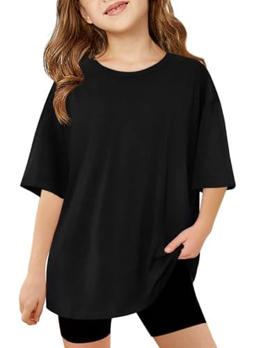 Image of Haloumoning T-Shirts Girls Round Neck Short Sleeve Plain Casual Sports Tops Kids Summer Oversized Shirts Casual Basic Tops, Black, 160 cm
