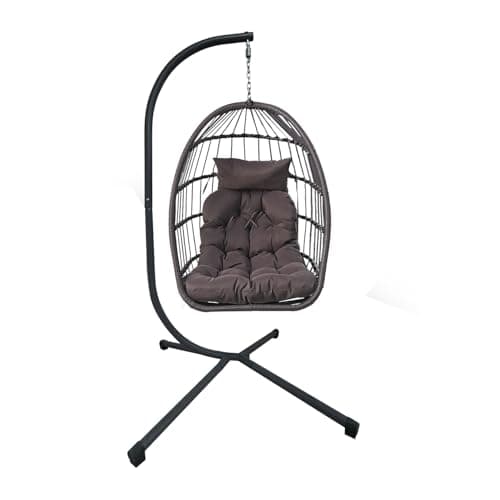 Image of Foldable Rattan Swing Chair Hammock with Steel Stand Weather-Resistant Hanging Chair, Removable Cushion for Patio Garden Indoor Outdoor Use (Grey Ratten Hanging Chair with Dark Grey Cushion)