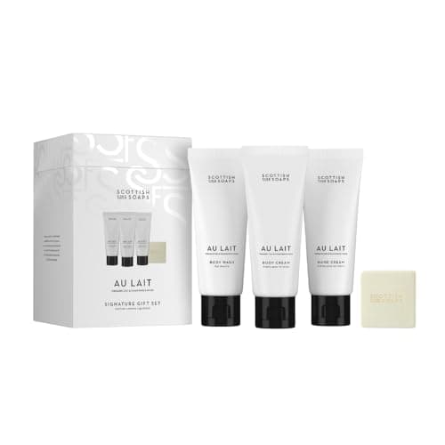 Image of Scottish Fine Soaps Au Lait Signature Gift Set – Includes Exfoliating Body Wash, Body Cream, Hand Cream and Cleansing Soap Bar