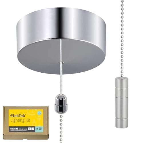 Image of ElekTek UK Safety Approved Chrome Bathroom Light Pull Switch Kit Round Cylinder Fob Handle, EN 60669-1 & CE Mark, Metal Plated, Earth Terminal, 6A 250V, 1 or 2 Way use, Full Wiring Instructions