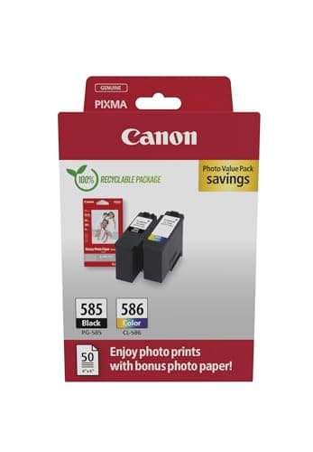 Image of Canon PG-585 / CL-586 Genuine Ink Cartridges, Pack of 2 (1x Black, 1x Colour), Includes 50 Sheets of 4x6 Photo Paper - Compatible with PIXMA TS7650i / TS7750i
