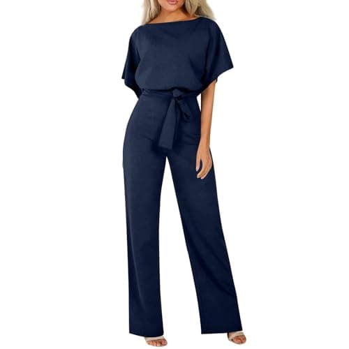 Image of HOOUDO Jumpsuits for Women UK Elegant Summer Short Sleeve Playsuits Ladies Plain Casual Wide Leg Pant Belted Romper Formal Wedding Overalls Baggy One Piece Outfits Dungarees My Orders UK Navy