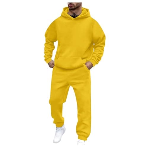 Image of Mens Tracksuit Set Long Sleeve Hooded Sweatshirt and Sweatpants Joggers Set 2 Piece Sweatsuits for Men Hooded Gym Sweatsuits Plain Yoga Pants Outfit Casual Athletic Sets (Yellow-2, M)