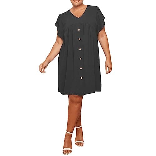 Image of FAIRY TRENDZ Womens Short Sleeve Italian Front Button Dress Ladies V Neck Frill Oversized Plus Size Smock Dress One Size Fit UK 8-26 Black
