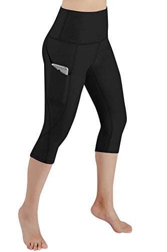 Image of Voqeen Women's High Waist Yoga Pants Capri 3/4 Length Workout Running Leggings with Pockets Tummy Control Fitness Exercise Cropped Tights- Non-See-Through Fabric Black