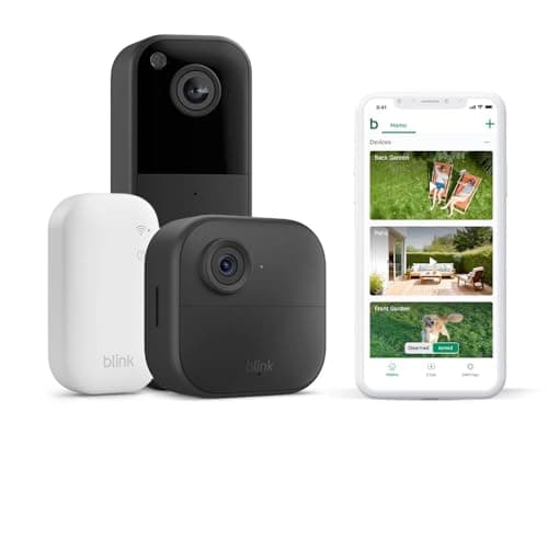 Image of Blink Outdoor 4 Camera + £0 Blink Video Doorbell (Black)| Wireless HD smart security camera, two-year battery life, enhanced motion detection| 1 camera system with Sync Module Core incl.| IP65