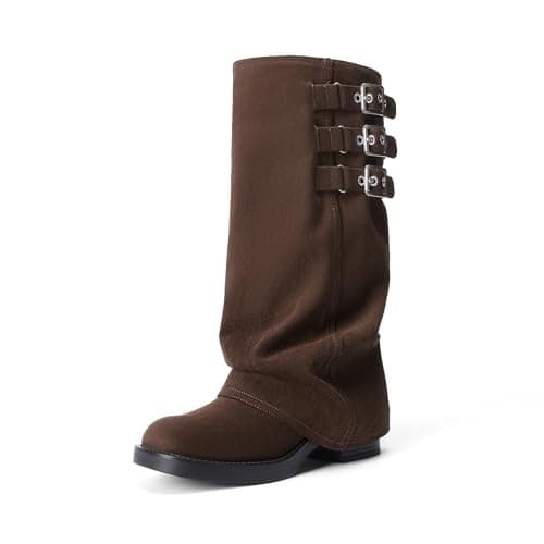 Image of DREAM PAIRS Fold-over Knee High Boots Comfort Low Heel Wide Calf Slouchy Boot Stylish Buckle Long Tall Boots for Women,Size 5.5,Dark Brown,SDKB26007W