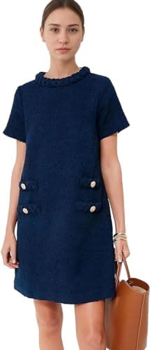 Image of LJYAUTO Womens 60s Mod Dress 2024 Tweed Elegant Formal Crew Neck Mini Dress Vintage Button Short Sleeve A Line Dresses (M,Dark blue)