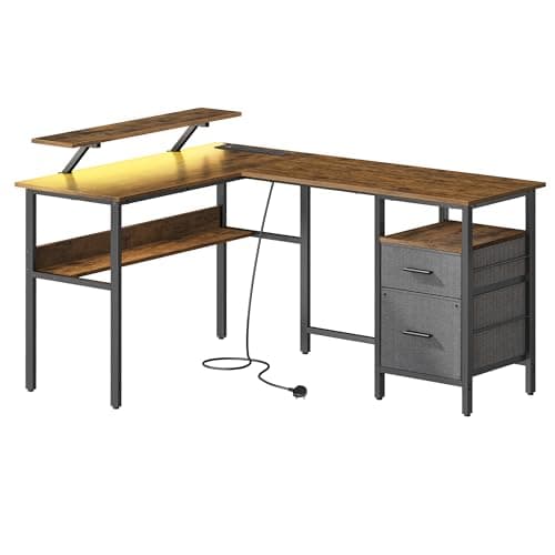 Image of VASAGLE Rustic Brown L-Shaped Computer Desk with Monitor Shelf, LED Lights, 2 Drawers, 2 USB Ports, Easy to Assemble, for Home Office