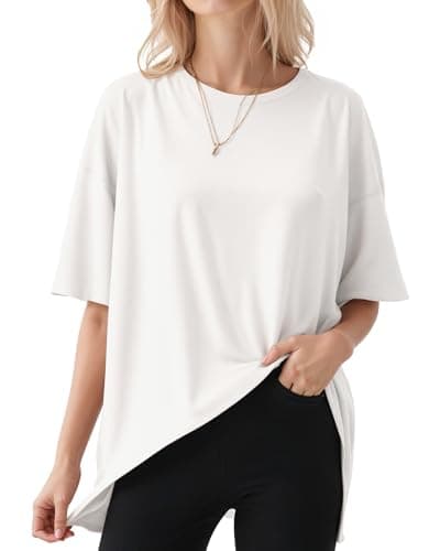 Image of ALGALAROUND T-Shirts for Women Oversize Crew Neck Short Sleeve Oversized T-Shirts Loose Fit Summer Basic Casual Womens Tops for Ladies Going Out Creamy White M