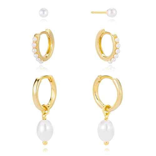 Image of PRTGL Earrings for Women - 14K Gold Plated 3 Pairs Pearl Stud Hoop Earrings Set Hypoallergenic Cartilage Stud Huggie Hoop Drop Ear Stack