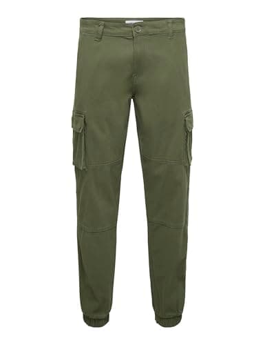 Image of ONLY & SONS Mens Onscam Stage Cargo Cuff Pg 6687 Pants, Olive Night, 32W / 32L UK
