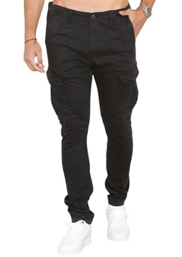 Image of Soroor Cargo Trousers for Men UK, Slim Fit Tapered Cargo Pants Mens, Combat Trousers for Men UK for Work & Utility, Mens Cargos | Black - 30L 36W | Sateen Stretch Cotton Cargos
