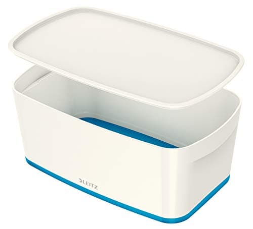 Image of Leitz A5 MyBox Small with Lid, Storage Box for Home and Office, 5 L, High Gloss, Plastic, White/Blue Metallic