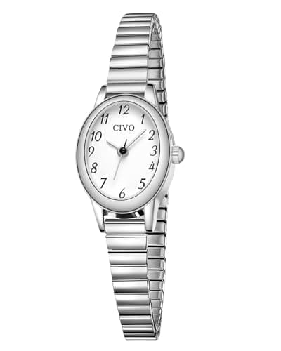 Image of CIVO Ladies Silver Bangle Watches: Small Oval Case Waterproof Analogue with Stainless Steel Expansion Band - Elegant Watch for Women Wedding Party Evening Jewelry Accessory