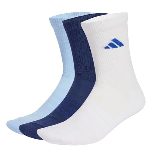 Image of adidas Unisex CUSHIONED SPORTSWEAR CREW SOCKS 3 PAIR PACK, dark blue/white/glow blue, 8.5-10