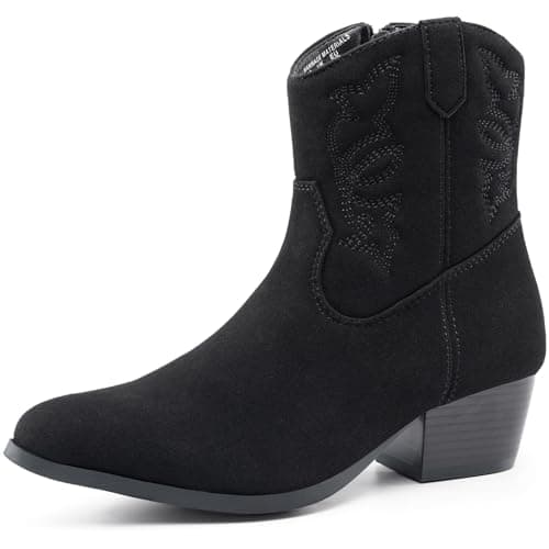 Image of Harvest Land Women Mid Heel Faux Suede Boots – Cowboy Style Calf Length with Pointed Toe Embroidered Detail & Side Zip Black UK7