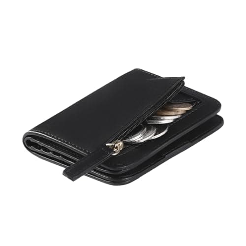 Image of Aucuu Women's Wallet, RFID Blocking Leather Compact Bifold Wallet, Women's 7 Cards Slim Minimalist Card Holder with ID Window, Small Ladies Coin Purse, Classic Black