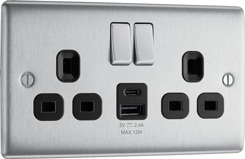 Image of BG Electrical 12W Double Switched Power Wall Plug Socket with Type A and Type C USB Charging Ports, Nexus Metal, Brushed Steel, Black Inserts, 13A, NBS22UAC12B