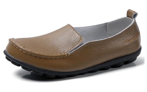 Image of Sunporx Women Casual Leather Loafers Driving Moccasins Slip-on Comfort Non-Slip Round Head Soft Work Walking Flat Ladies Penny Loafer Shoes Khaki