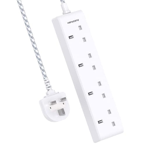 Image of 4 Way Extension Lead 1M, HANYCONY Plug Extension Socket with Braided Cable, Compact Multi Plug Power Strip 3250W, Electric Extension Cord for Home, Office, Desk, Travel Accessories, White