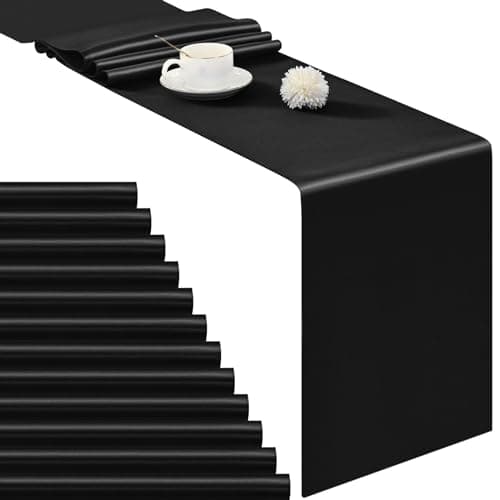 Image of Pesonlook 12 Pack Black Satin Table Runner, 12x72 Inch, Solid, Classic, For Rectangular and Round Tables