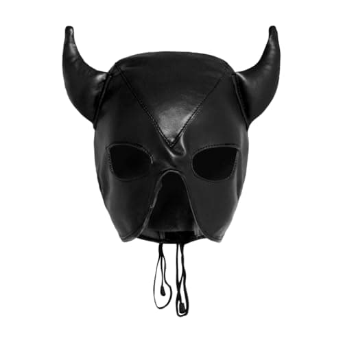 Image of JNGUOSICN PU Leather Horn Mask Halloween Devil Headgear Breathable Open Mouth Show Eyes Masks Adjustable Lace Up Hood Headgear Cosplay Fancy Dress for Halloween Carnival Couple Games Night Club