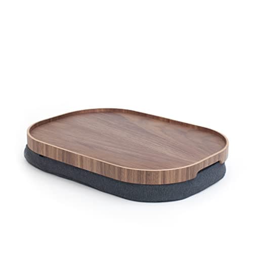 Image of Bosign CurveLine Laptray with bean bag cushion. Non-slip. Portable Lap desk for Laptop, Breakfast. Washable, removable cushion cover. Walnut wood. Grey cushion. LARGE (47x34x6,5 cm)