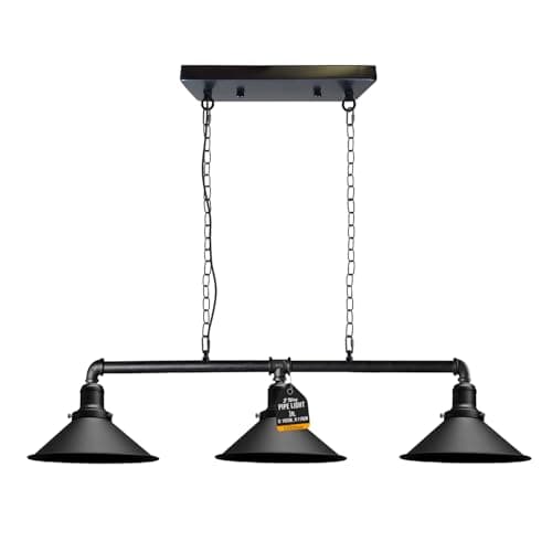 Image of LEDSone Industrial 3-Light Pendant Ceiling Light Metal Adjustable Chain E27 Cone Shade Steampunk Hanging Fixture for Kitchen, Dining Room, Bar, Loft, Living Room (Black)