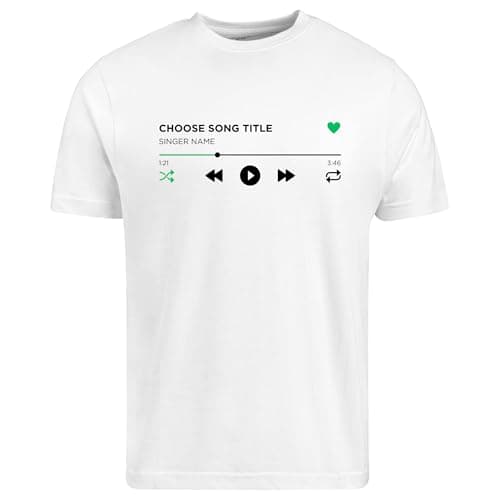 Image of Be Buz Customizable Song Playlist T-Shirt Personalized Music Tee with Your Favorite Song and Singer Gift for Music Lovers (UK, Alpha, L, Regular, Regular, White)