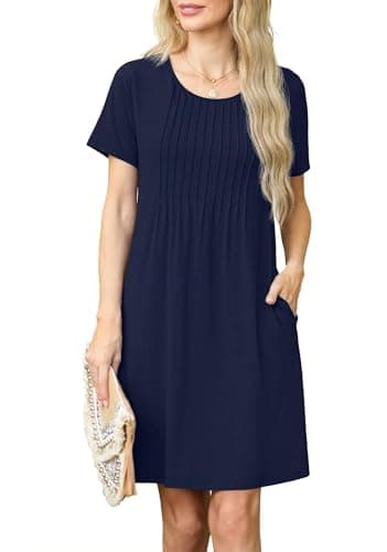 Image of GRECERELLE Womens Summer Mini Dress Casual Short Sleeve Crew Neck Pleated Dresses with Pocket for Ladies (Navy Blue, M)