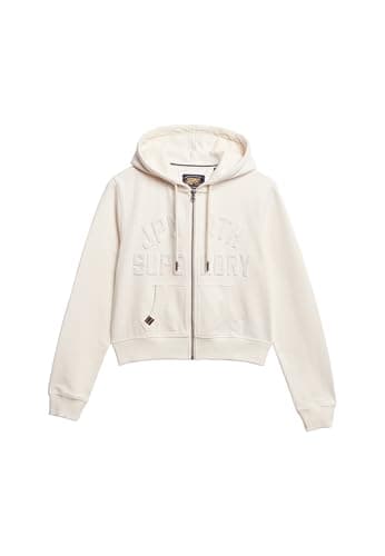 Image of Superdry Women's Athletic Essentials Short Hoodie with Zip, desert bone wool white, 14
