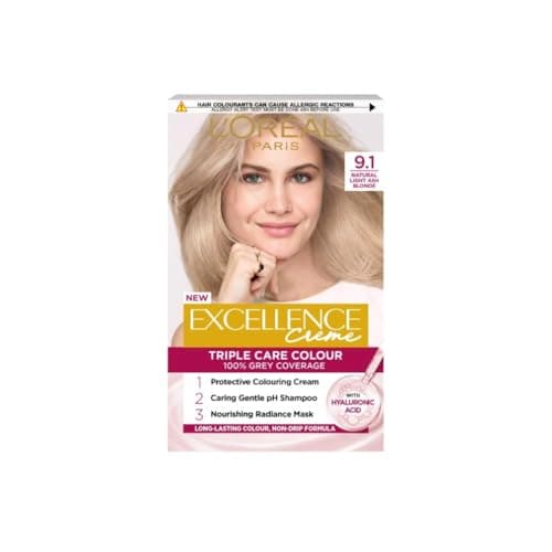 Image of L'Oréal Paris Excellence Crème Permanent Hair Dye, Radiant At-Home Hair Colour with up to 100% Grey Coverage, Pro-Keratin, Up to 8 Weeks of Colour, Colour: 9.1 Natural Light Ash Blonde