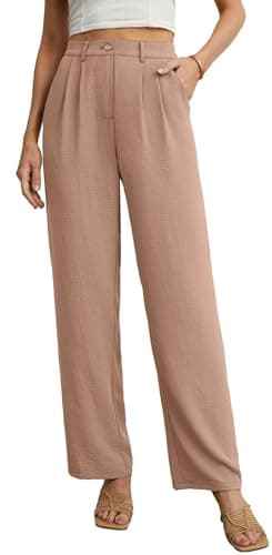 Image of PrinStory Trousers for Women UK Wide Leg Work Trousers Elasticated Waist Pants Lightweight Palazzo Trousers Summer Beach Pants (Khaki, XL)