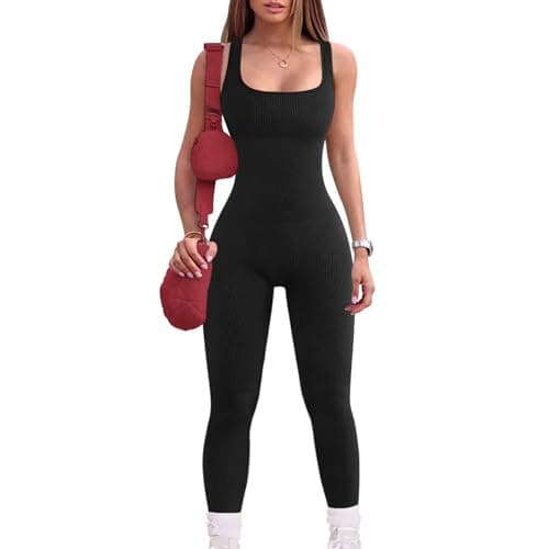 Image of MAYROUND Gym Jumpsuit for Women One Piece Ribbed Rompers Sleeveless Bodycon Sports Leggings Square Neck Tank Top Playsuit(Black,S)