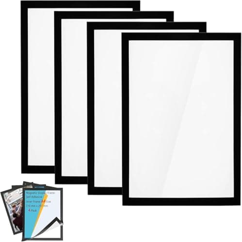 Image of 4Pcs A4 Magnetic Picture Frame, Black Self-Adhesive Photo Frames, Paper Poster Frame Waterproof Clear, A4 Certificate Frames, Magnetic Photo Frames for Ads, Notices, Certificates, Paintings
